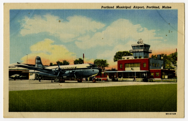 Postcard: Portland Municipal Airport (Maine), Northeast Airlines, Douglas DC-4
