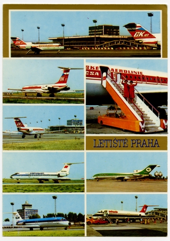 Postcard: Československé Aerolinie, KLM, Aeroflot, Iraqi Airways, Swissair, Prague Airport, Yak-40, Ilyushin IL-62, Tupolev Tu-124, Boeing 727, Douglas DC-9