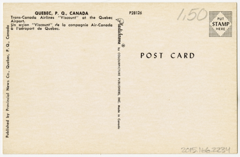 Image: postcard: Trans-Canada Air Lines, Vickers Viscount, Quebec Airport