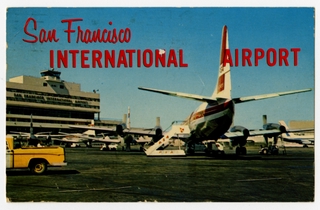 Image: postcard: San Francisco International Airport, Lockheed Electra, Pacific Southwest Airlines
