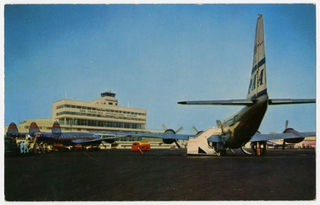 Image: postcard: San Francisco International Airport, Lockheed Constellation, Douglas DC-6, Pan American World Airways