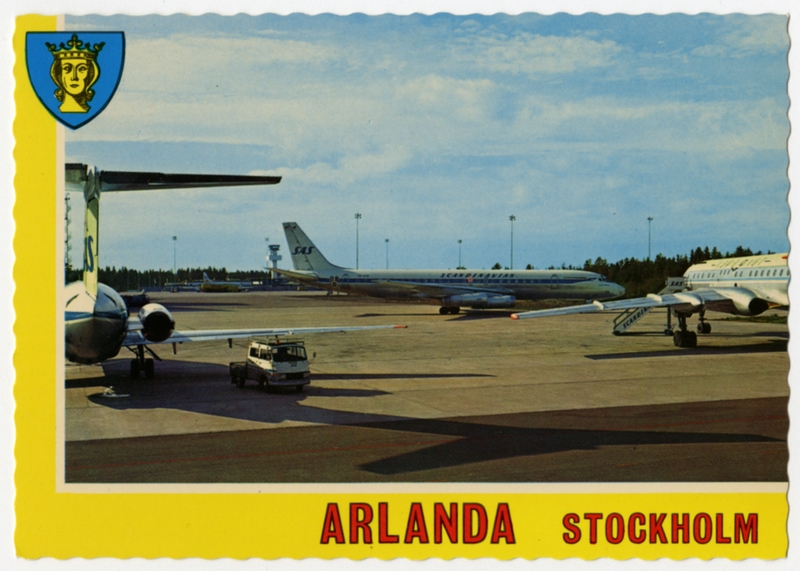 Image: postcard: Scandinavian Airlines System (SAS), Aeroflot, Douglas DC-8, Douglas DC-9, Tupolev TU-124, Stockholm Arlanda airport