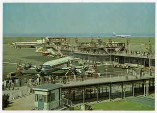 Image: postcard: JAL (Japan Air Lines), Douglas DC-7, Boeing 727, Tokyo Haneda Airport