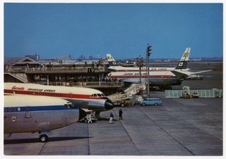 Image: postcard: JAL, Garuda, Douglas DC-8, Convair 990, Tokyo Haneda Airport