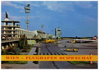 Image: postcard: Vienna - Schwechat Airport, Sud Aviation Caravelle, Austrian Airlines