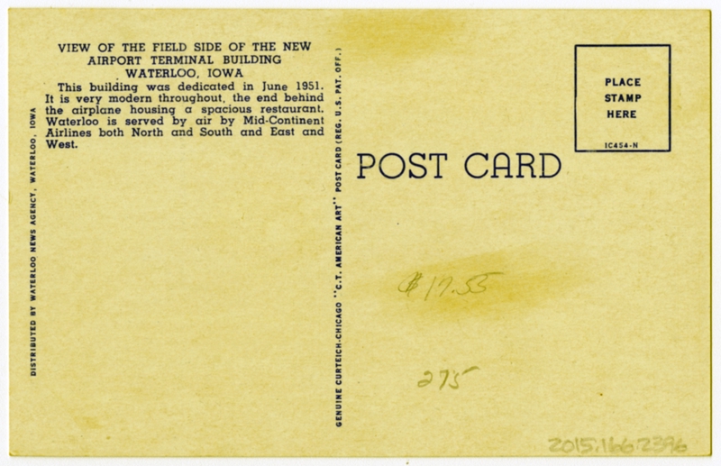 Image: postcard: Waterloo (Iowa) Airport, Mid-Continent Airlines, Douglas DC-3