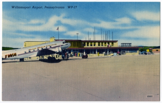 Postcard: Williamsport Airport, TWA (Trans World Airlines), Douglas DC-3