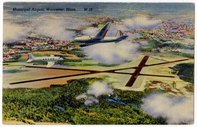 Postcard: Worcester Municipal Airport, Douglas DC-3