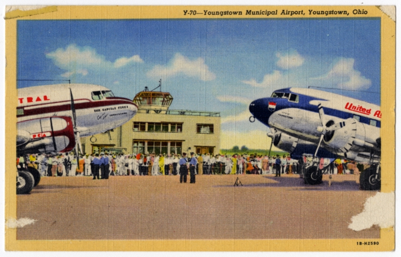 Image: postcard: Youngstown Municipal Airport, Douglas DC-3, United Airlines