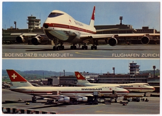 Image: postcard: Zurich Airport, Swissair, Boeing 747