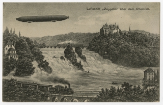 Image: postcard: Airship “Zeppelin” over the Rheinfall