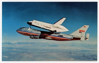 Image: postcard: Space Shuttle Enterprise docked on Boeing 747
