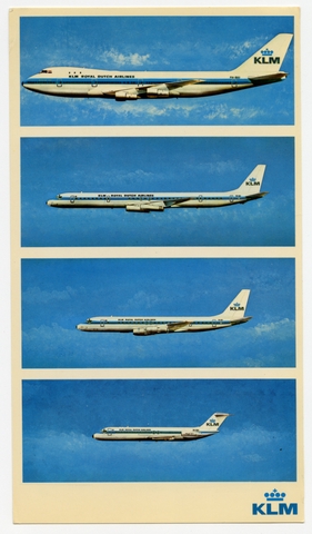 Postcard: KLM (Royal Dutch Airlines), Boeing 747B, DC-8-63, Douglas DC-8, Douglas DC-9