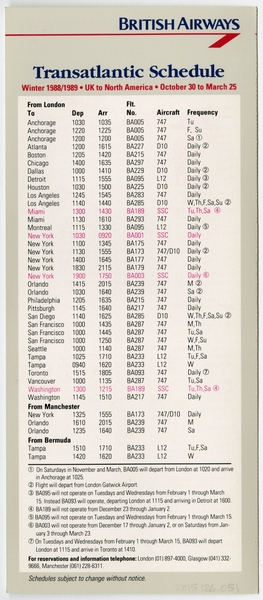 Image: timetable: British Airways, winter transatlantic service