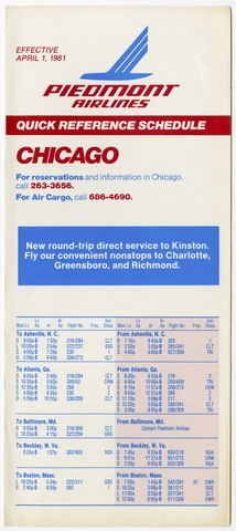 Timetable: Piedmont Airlines, quick reference, Chicago