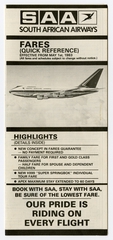 Image: timetable: South African Airways (SAA / SAL), quick reference, fare chart