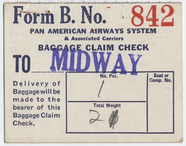 Baggage claim check: Pan American Airways System [digital image]