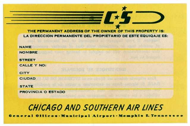 Luggage identification label: Chicago & Southern Air Lines (C&S)