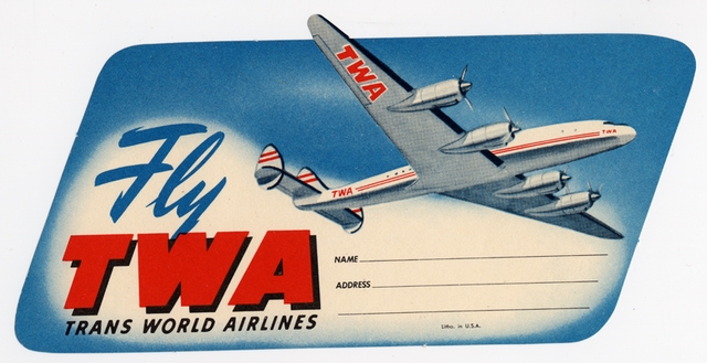 Luggage label: TWA (Trans World Airlines), Lockheed L-049 Constellation