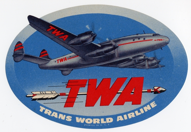 Luggage label: TWA (Trans World Airlines), Lockheed L-049 Constellation