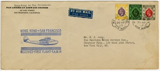 Image: airmail flight cover: Pan American Airways, FAM-14, first airmail flight, Hong Kong - San Francisco