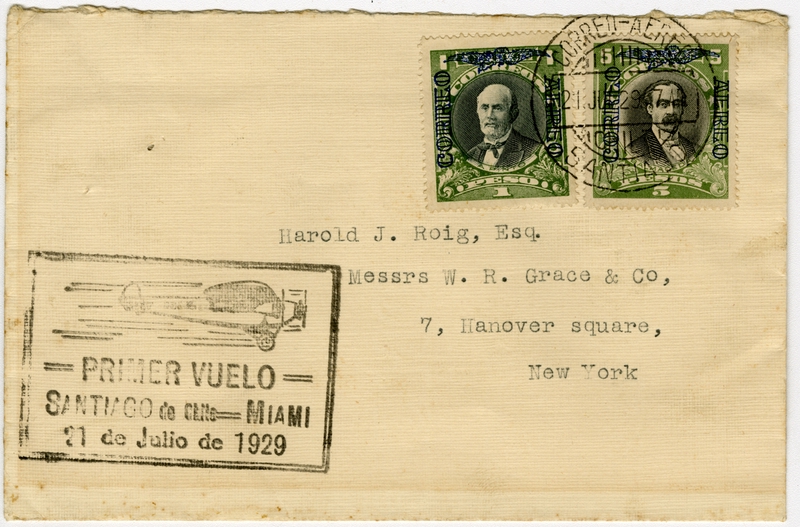 Image: airmail flight cover: First flight, Santiago - Miami route
