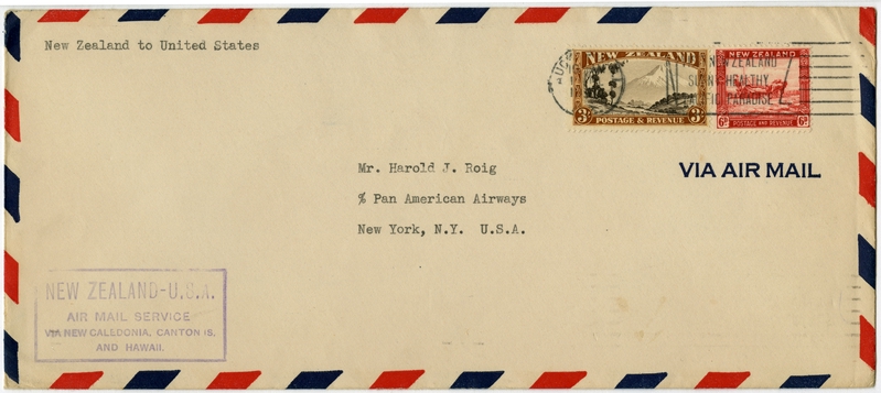 Image: airmail flight cover: Air Mail Service, first airmail flight, New Zealand - United States route