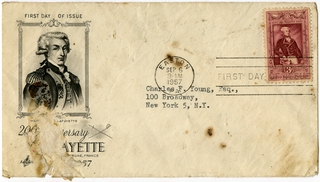 Image: airmail flight cover: First day of issue, Lafayette 200th anniversary stamp