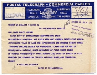 Image: telegram: Postal Telegraph - Commercial Cables, airport inquiry from San Francisco Mayor James Rolfe, Jr.
