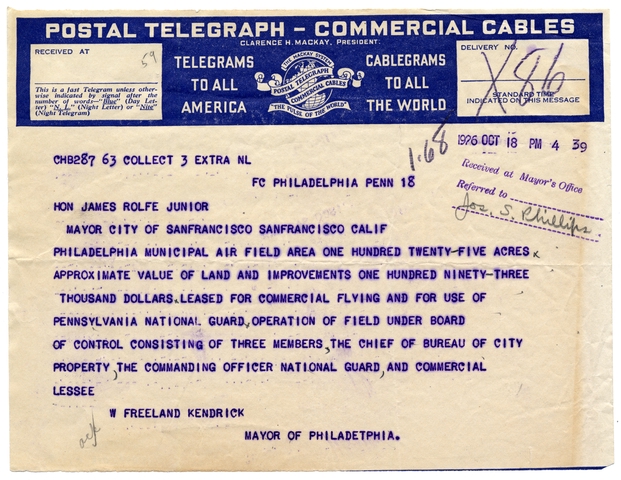 Telegram: Postal Telegraph - Commercial Cables, airport inquiry from San Francisco Mayor James Rolfe, Jr.