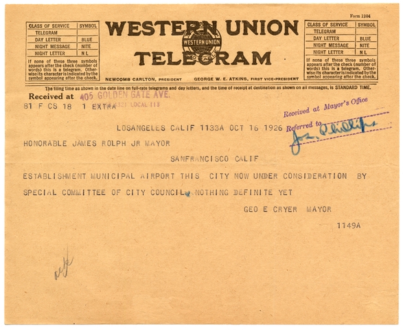 Telegram: Western Union, airport inquiry from San Francisco Mayor James Rolfe, Jr.