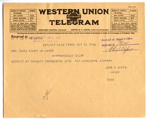 Image: telegram: Western Union, airport inquiry from San Francisco Mayor James Rolfe, Jr.