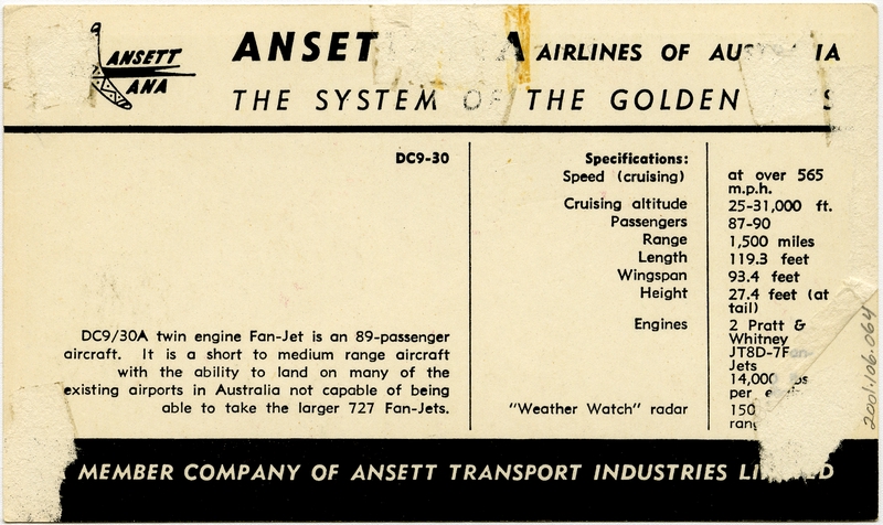 Image: aircraft information card: Ansett Air, Douglas DC-9-30A