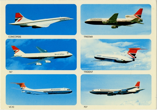 Postcard: British Airways, Concorde, Lockheed TriStar, Boeing 747, Vickers VC10, Hawker Siddeley Trident, Boeing 707