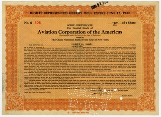 Image: stock certificate: Aviation Corporation of the Americas