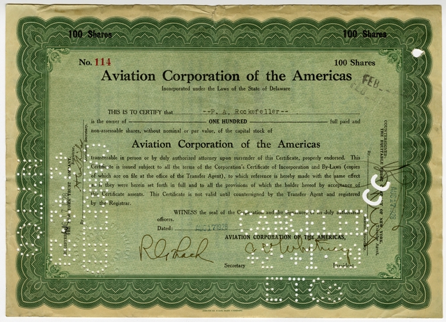 Stock certificate: Aviation Corporation of the Americas