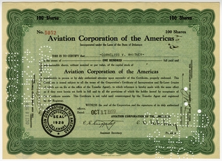 Image: stock certificate: Aviation Corporation of the Americas
