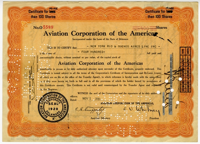 Stock certificate: Aviation Corporation of the Americas