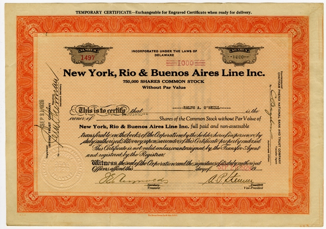 Stock certificate: New York, Rio & Buenos Aires Line