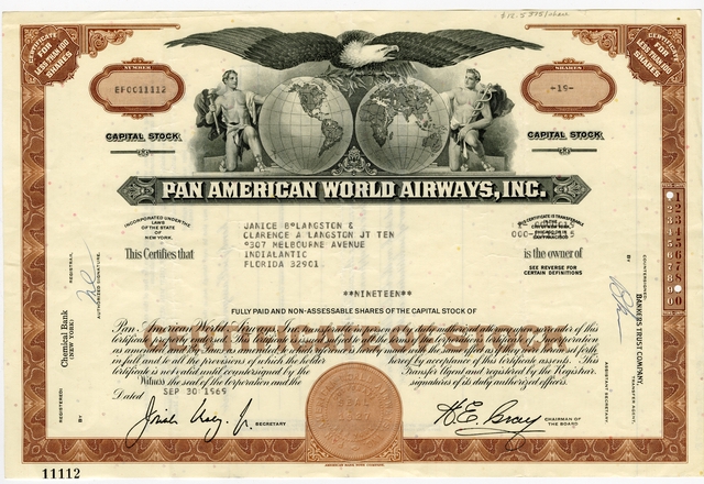 Stock certificate: Pan American World Airways