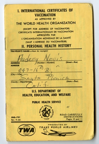 Vaccination certificate: TWA (Trans World Airlines), Audrey McNamara Nevis