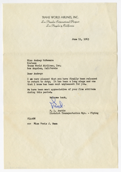 Image: correspondence: TWA (Trans World Airlines), Audrey McNamara Nevis