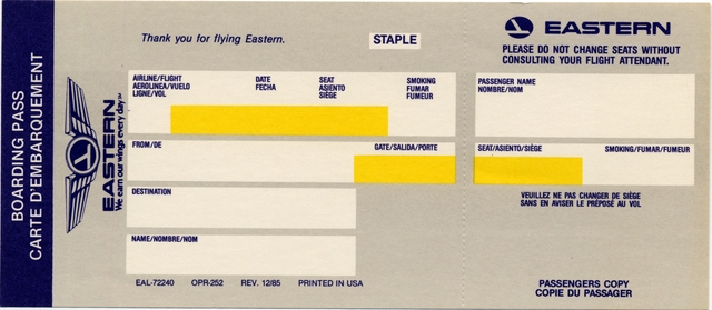 Boarding pass: Eastern Air Lines
