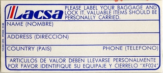 Image: luggage identification label: Lineas Aereas Costarricenses, S.A. (LACSA)