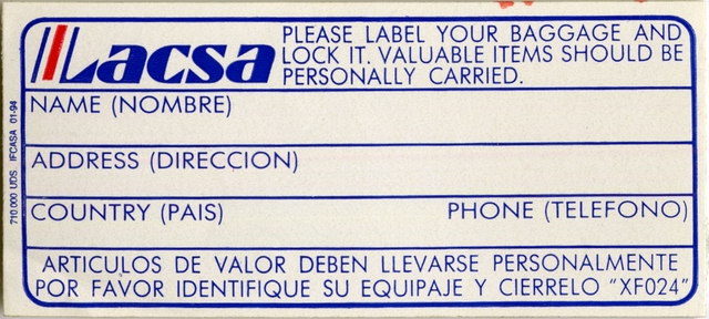 Luggage identification label: Lineas Aereas Costarricenses, S.A. (LACSA)