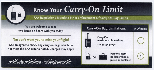 Carry-on baggage notice: Alaska Airlines, Horizon Air