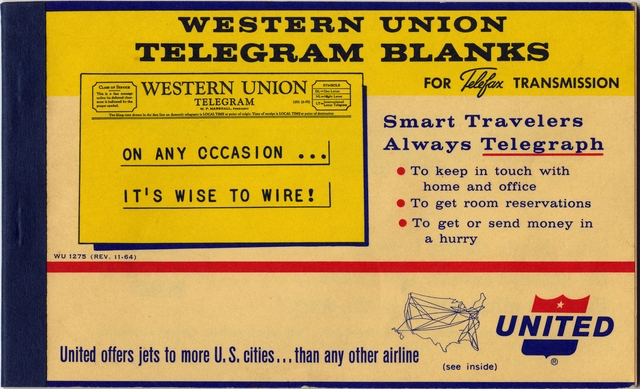 Booklet pad: United Air Lines, Western Union Telegram blanks