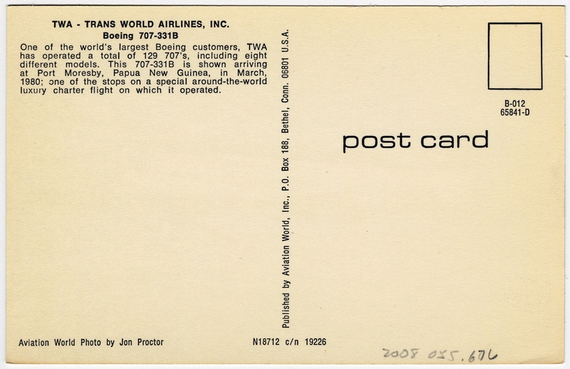 Image: postcard: TWA (Trans World Airlines), Boeing 707-331B