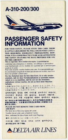 Safety information card: Delta Air Lines, Airbus A310-200/300