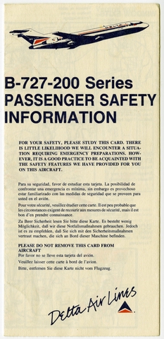 Safety information card: Delta Air Lines, Boeing 727-200